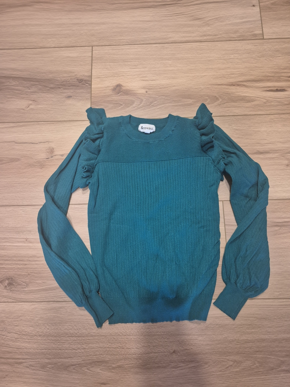 &Merci Teal Ruffle-Sleeve Ribbed Sweater